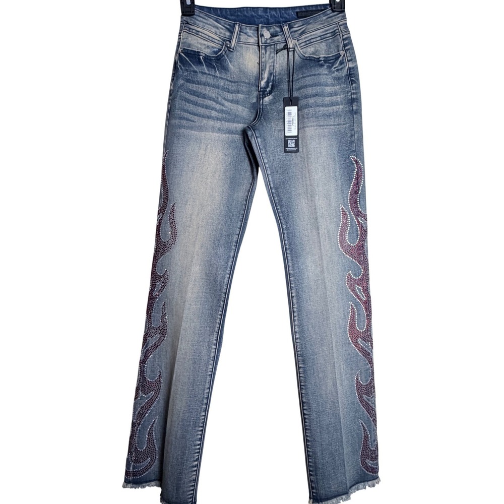 NWT Rockstar Original Flare Jeans Sz. 14 Rhinestone Distressed Grunge Streetwear